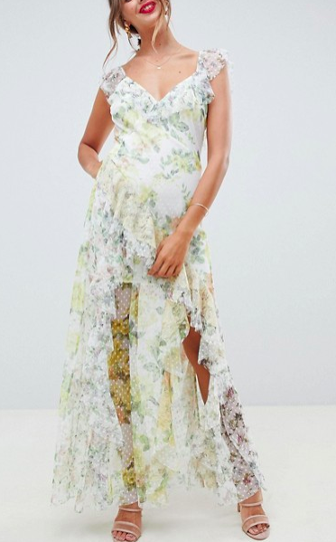 ASOS DESIGN ruffle maxi dress in floral dobby mesh with lace