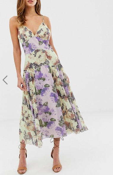 ASOS DESIGN cami midi dress in mixed floral with pleat and lace trim