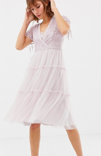 Needle &amp; Thread embroidered tulle midi dress with cap sleeve in lavender