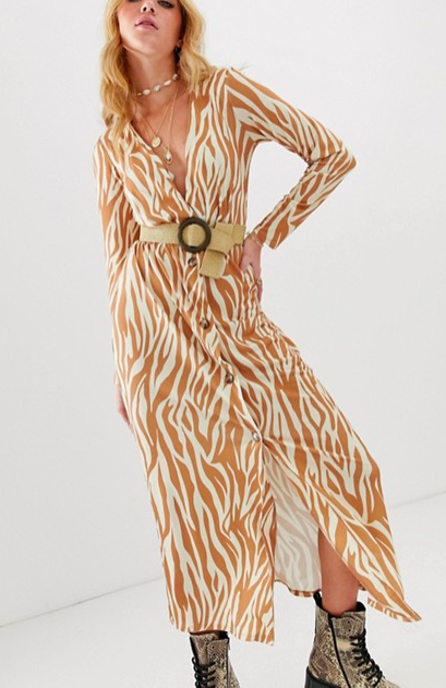 ASOS DESIGN button through belted maxi dress with belt in zebra print