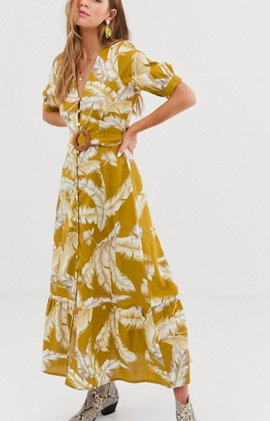 ASOS DESIGN button through maxi dress with buckle belt in palm print