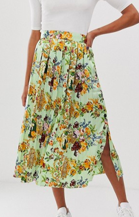 ASOS DESIGN pleated midi skirt with buttons in scarf print