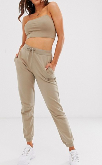 ASOS DESIGN co-ord crop bandeau with skinny straps and jogger in stone