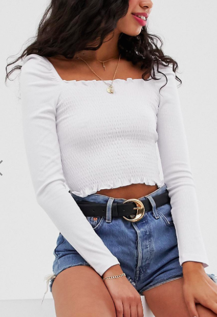 ASOS DESIGN shirred top with square neck and puff sleeve