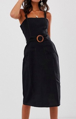 ASOS DESIGN square neck linen midi sundress with wooden buckle &amp; contrast stitch