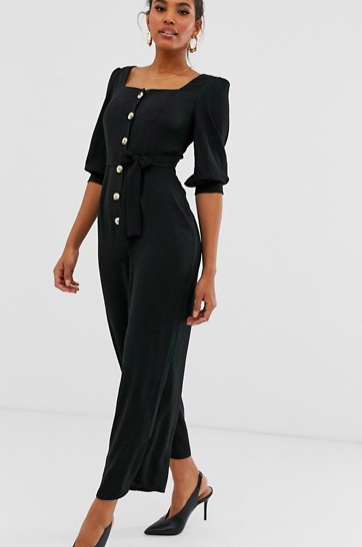 ASOS DESIGN square neck puff sleeve jumpsuit with button detail