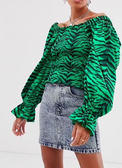 ASOS DESIGN shirred square neck top with long sleeve in tiger animal print