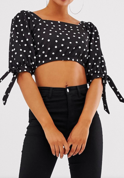 ASOS DESIGN crop square neck top with tie cuff in polka dot