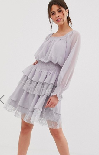 True Decadence premium square neck dress with ruffle and lace tiered skirt in lilac gray