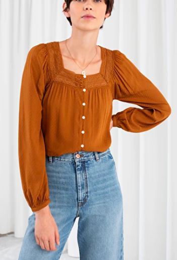 Stories Cropped Lace Trim Peasant Blouse