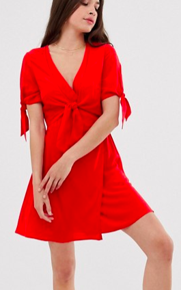 ASOS DESIGN double wrap front mini skater dress with tie sleeves