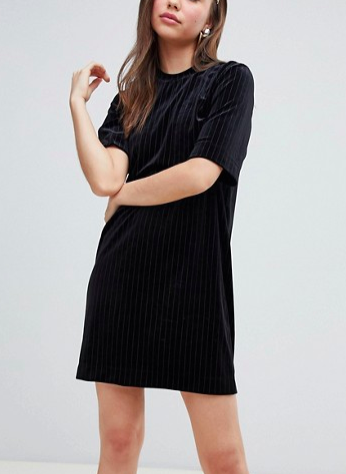 Monki velvet pin stripe t-shirt dress in black