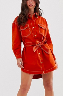 Missguided denim shirt dress with contrast stitch and tie waist in rust