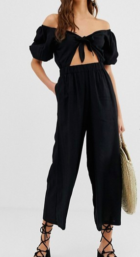 ASOS DESIGN tea jumpsuit with puff sleeve and tie detail