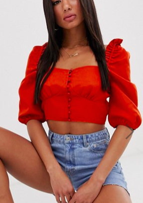 Missguided square neck crop top with puff sleeves in rust