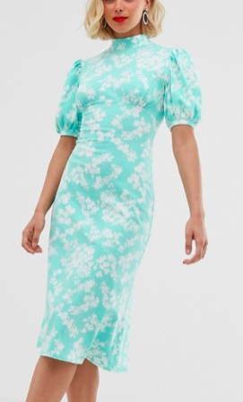 ASOS DESIGN ditsy print midi tea dress with puff sleeves