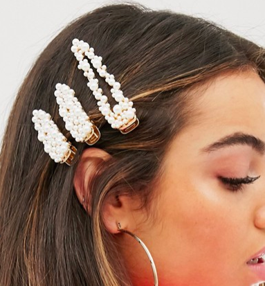 ASOS DESIGN pack of 3 hair clips with pearl embellishment in gold tone