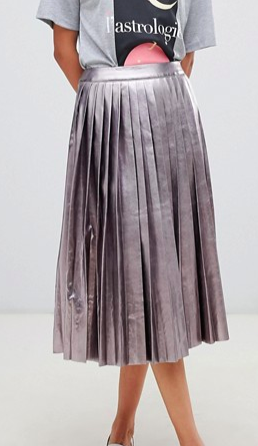 Neon Rose pleated midi skirt in metallic faux leather