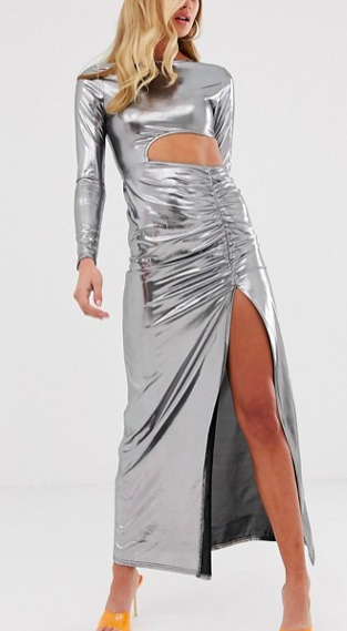 Fashionkilla cutout maxi dress with thigh split skirt detail in silver