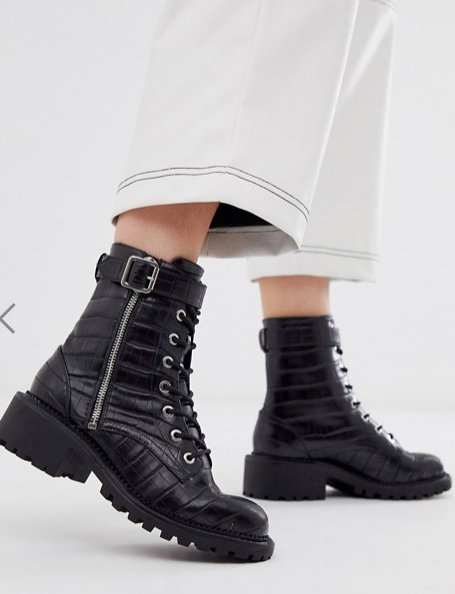 ASOS DESIGN Anya hardware lace up boots in black croc