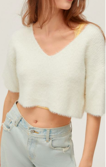 UO Janice Fuzzy Short Sleeve Cropped Sweater