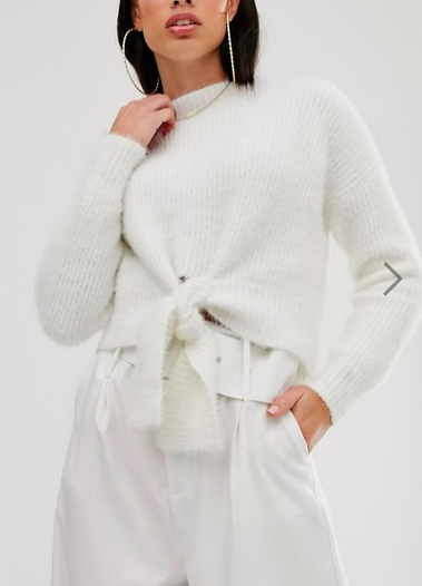 Parallel Lines fluffy soft touch sweater with tie front in white