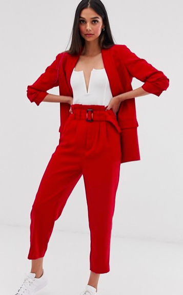 Stradivarius two-piece belted tailored pants in red