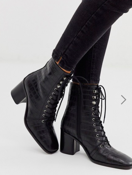 ASOS DESIGN Rivet leather square toe lace up boots in black croc