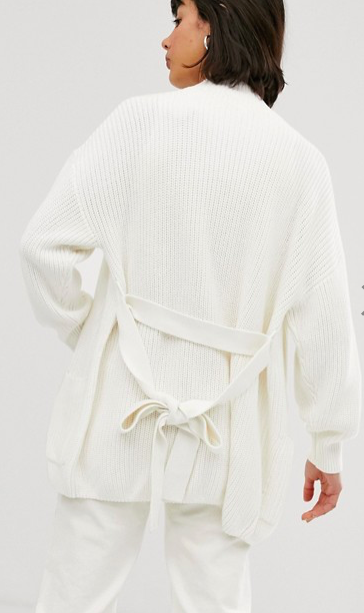 Monki knitted tie waist longline cardigan in white