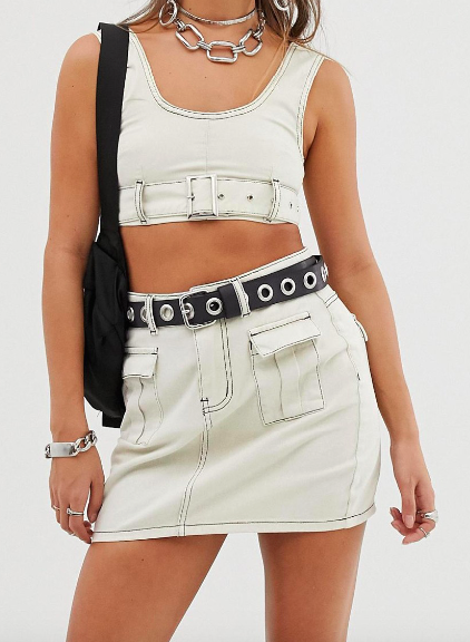 One Above Another super crop top with buckle belt in contrast stitch denim two-piece