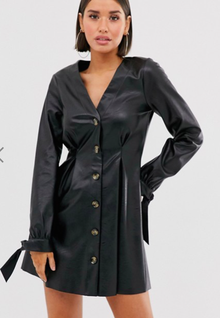 ASOS DESIGN leather look button through mini skater dress with tie sleeves