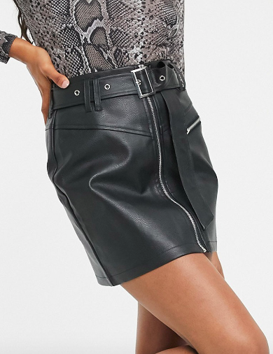 Missguided leather look mini skirt with buckle detail in black