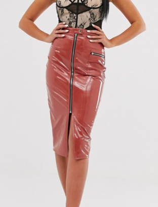 Missguided vinyl midi skirt with zip front in tan
