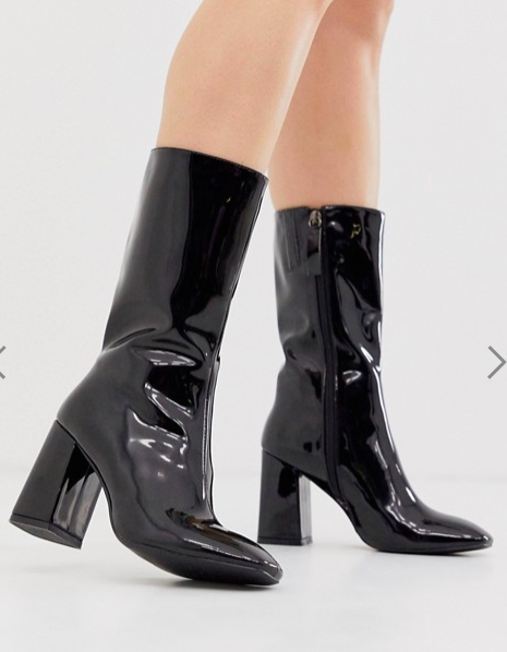 Public Desire Cinder block heeled calf boots in black patent