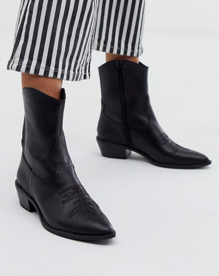 Bershka western leather ankle boot in black
