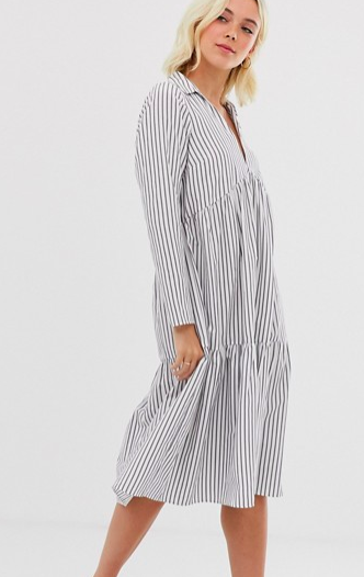 ASOS DESIGN tiered collared cotton smock midi dress with long sleeves in cut about stripe