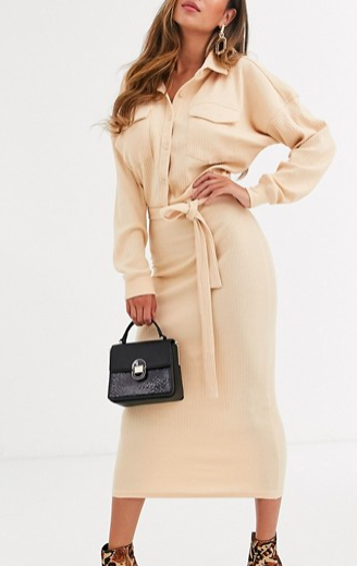 Missguided ribbed belted midi shirt dress in sand