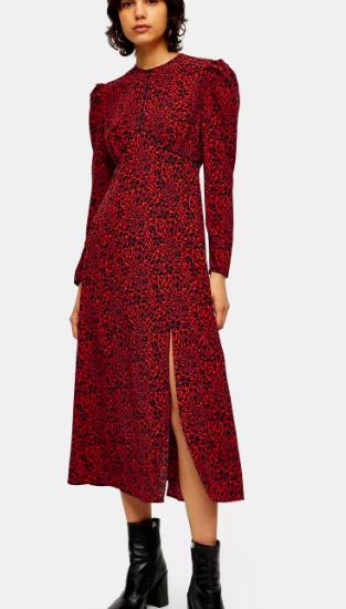 TOPSHOP Red Animal Print Piped Midi Dress