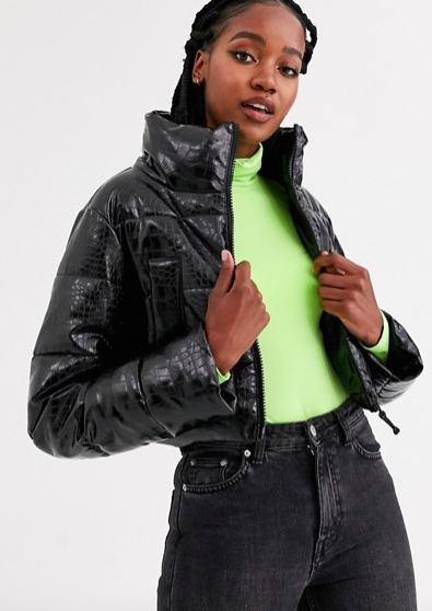 ASOS DESIGN crop puffer jacket with croc texture in black