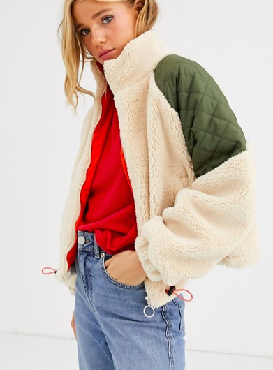 Pull&amp;Bear borg and quilt zip front jacket in ecru