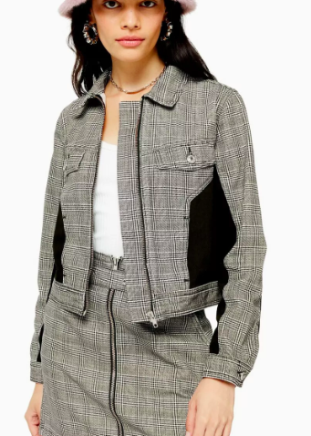 TOPSHOP Black And White Check Slim Fit Zip Front Jacket