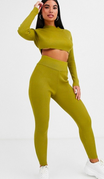 Missguided Petite two-piece high neck ribbed sweater in khaki