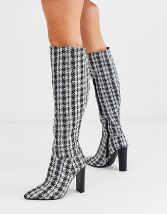 ASOS DESIGN Wide Fit Coral heeled knee high boots in tweed
