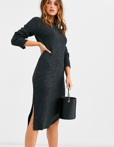 Vero Moda knitted midi dress with side split in gray