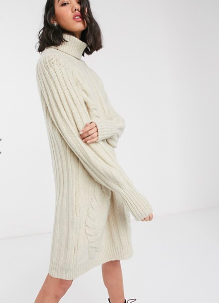 Only sweater dress with roll neck and cable detail in cream