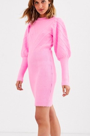 River Island knitted dress with puff sleeves and stitch detail in pink