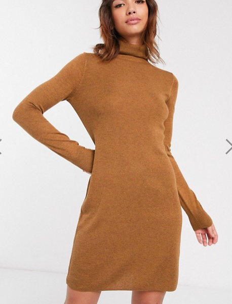 Warehouse mini dress with roll neck in tan