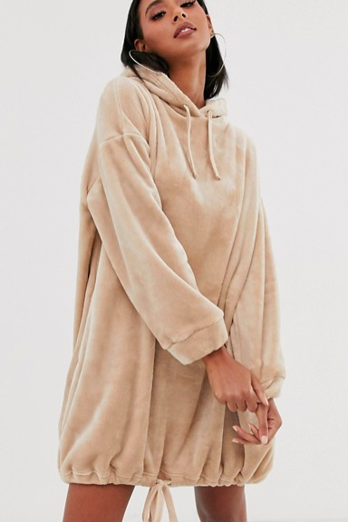 ASOS DESIGN velour hoodie dress in camel
