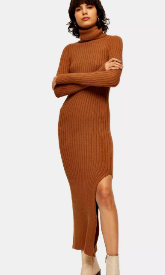 Topshop Camel Roll Neck Knitted Dress