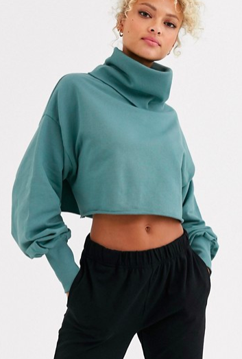 ASOS DESIGN crop sweatshirt with slouchy roll neck in teal